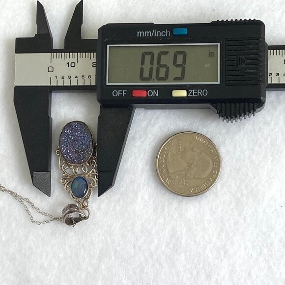 Sterling Silver 925 Oval Opal Titanium Druzy Scrollwork Pendant Necklace 18" - Picture 14 of 16